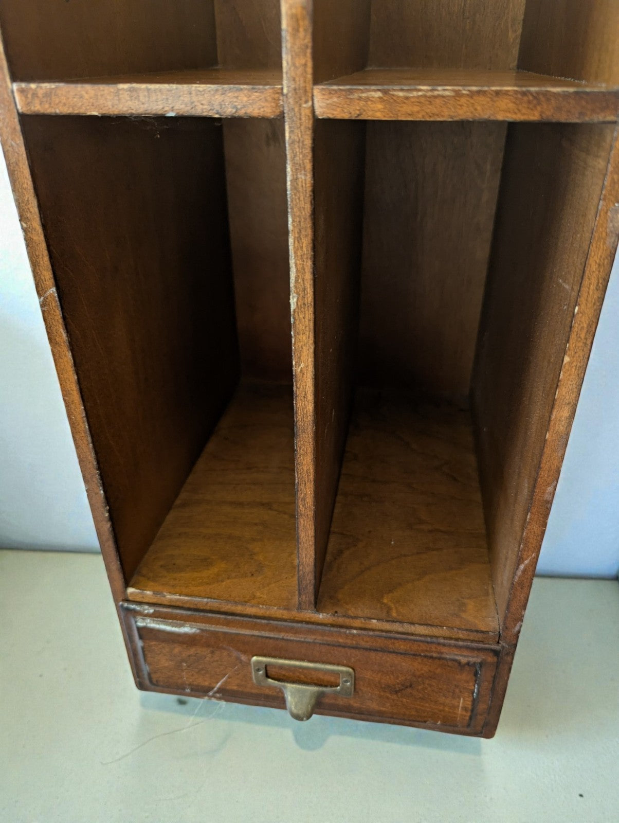 Vintage Wood Desktop Library Organizer, Drawer with Brass Handle