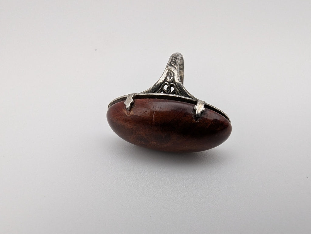 Vintage Sterling Silver Teak Wood Ring, Size 4.5