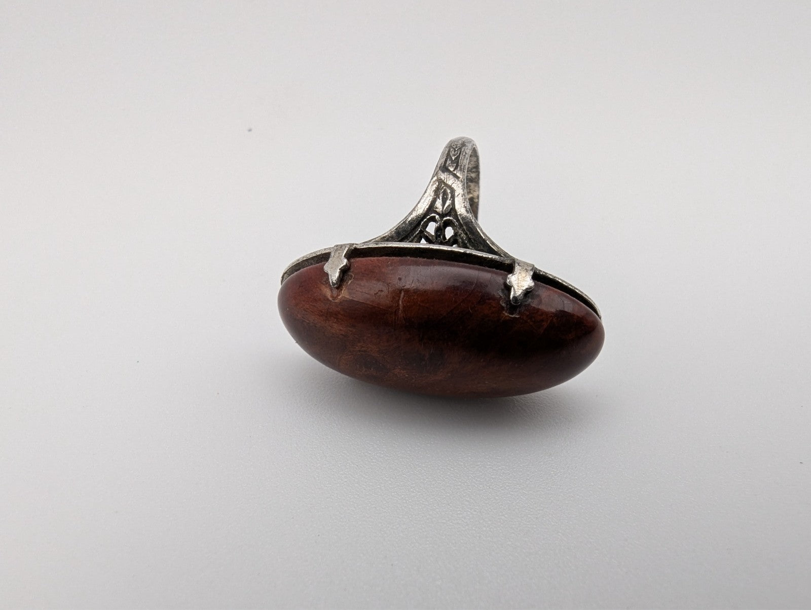 Vintage Sterling Silver Teak Wood Ring, Size 4.5