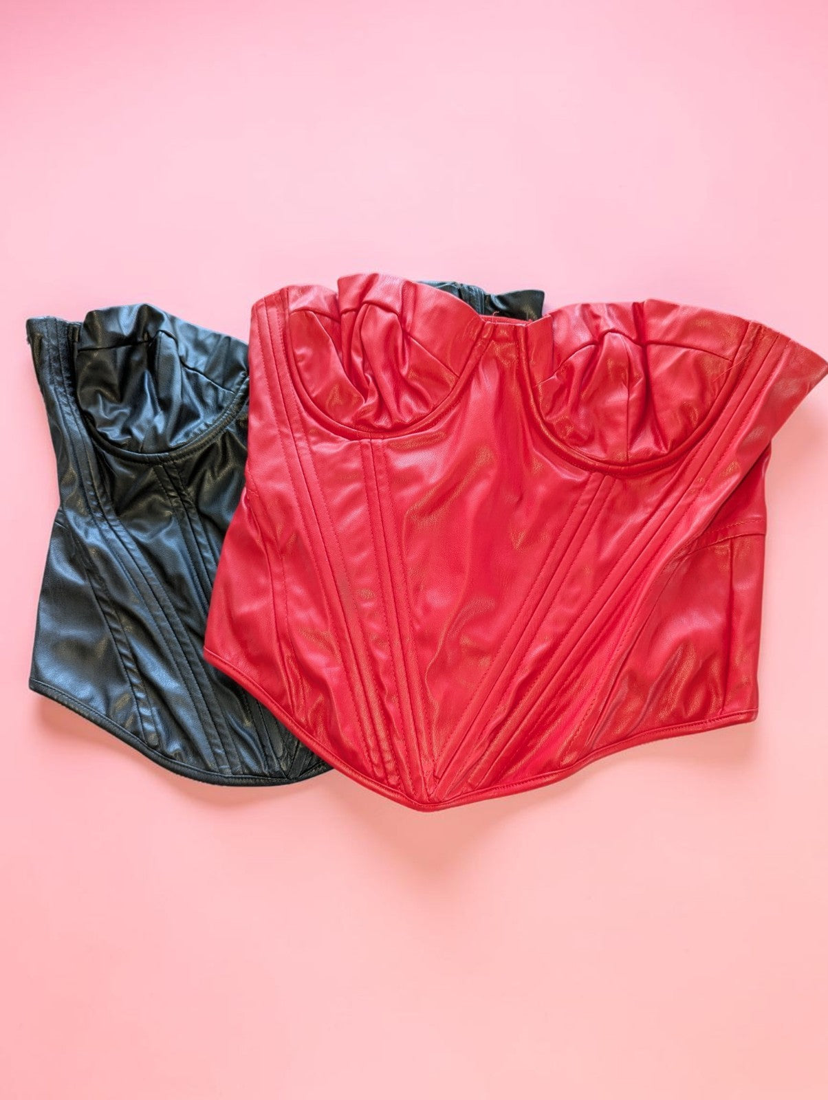 Fashion Nova Faux Leather Corset Top Set of 2, Black and Red, Size XL