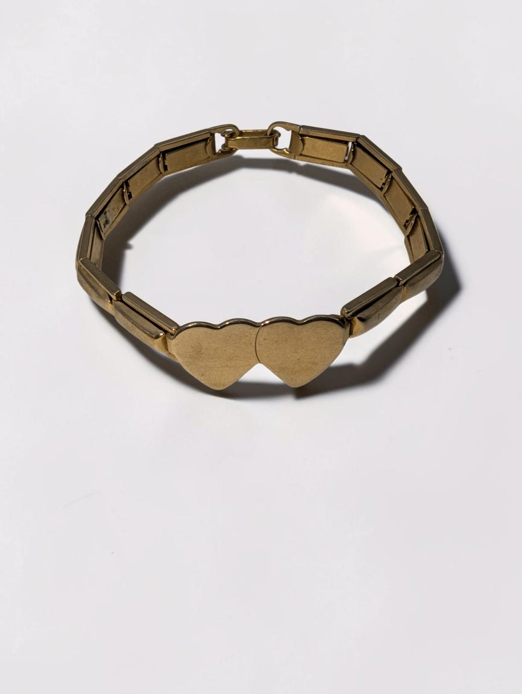 Vintage Gold Tone Expansion Sweatheart Bracelet, Double Hearts, Size 7"