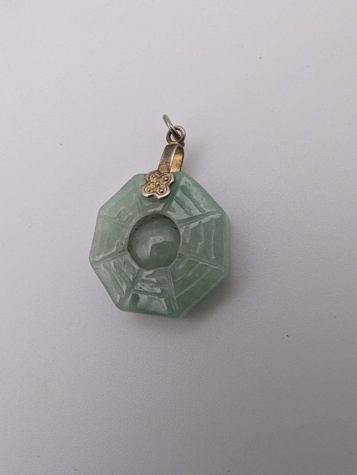 Green Jade Carved Bagua Eight Trigrams Pendant, 1"