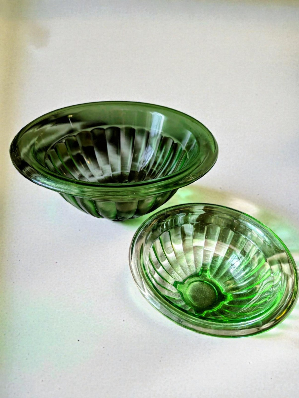 1930s Hazel Atlas Pattern Green Uranium Glass Mixing Bowls Set (2)