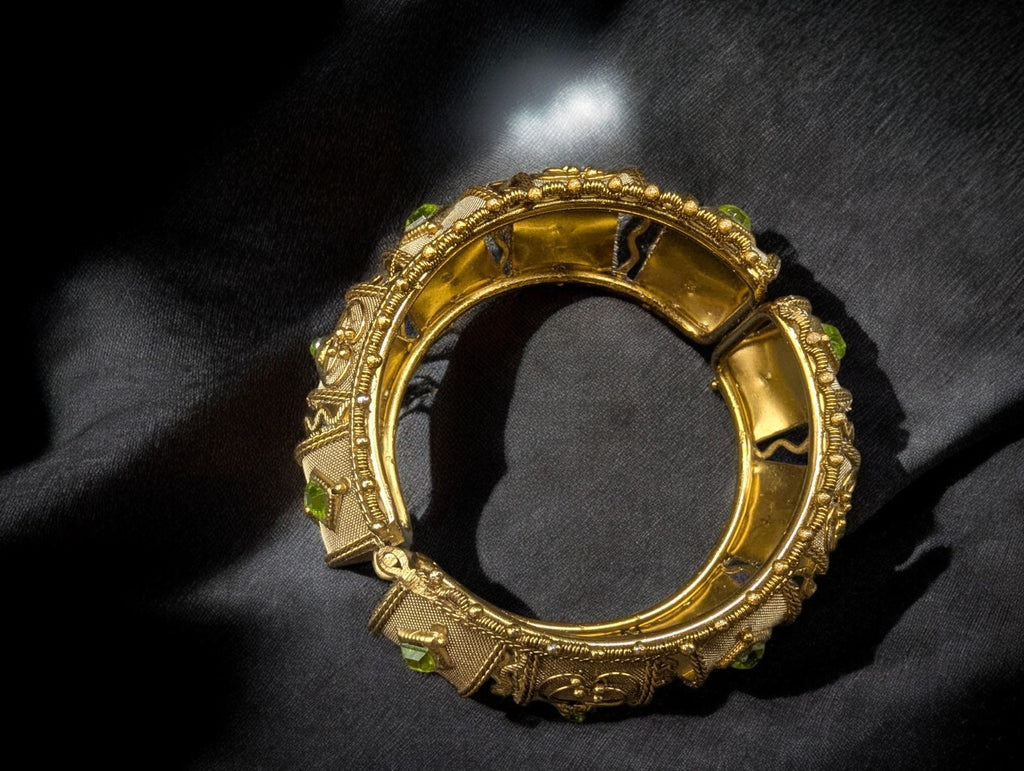 Vintage Gypsy Gold Mesh Bangle Bracelet, Green Gemstones