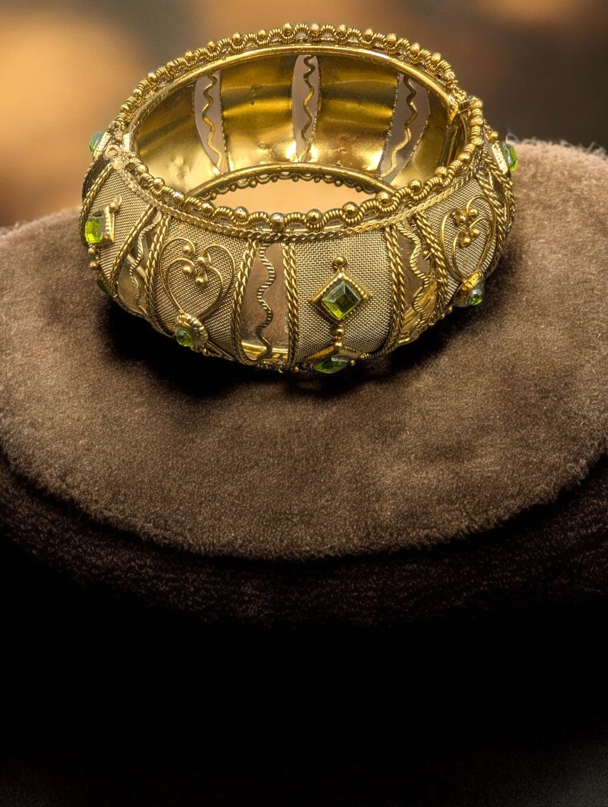 Vintage Gypsy Gold Mesh Bangle Bracelet, Green Gemstones