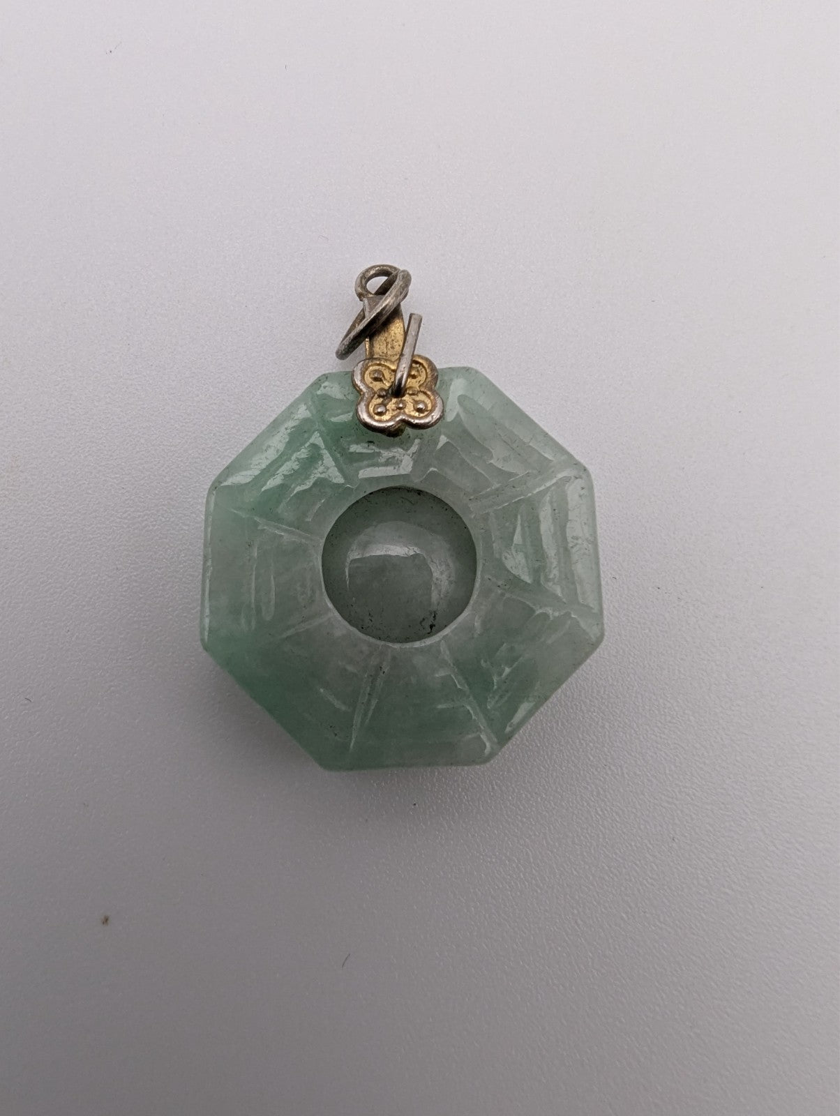 Green Jade Carved Bagua Eight Trigrams Pendant, 1"