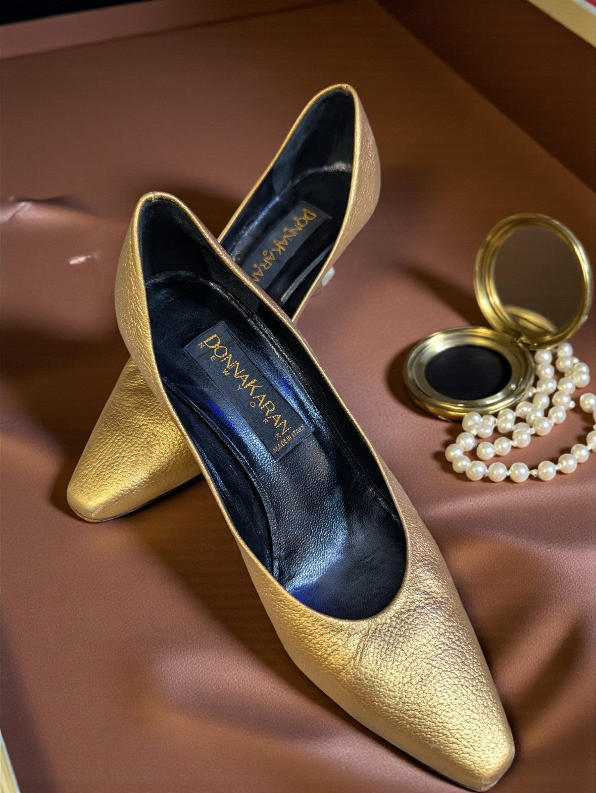 Vintage Donna Karan Leather Gold Metallic Heels, Size 5.5 Women's Pumps