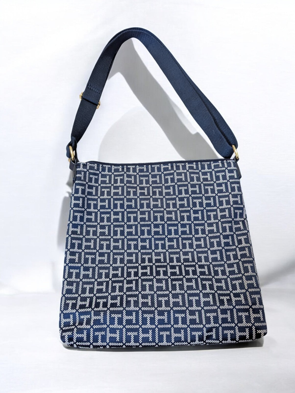 Tommy Hilfiger Navy Blue and White Monogram Jacquard Crossbody Bag