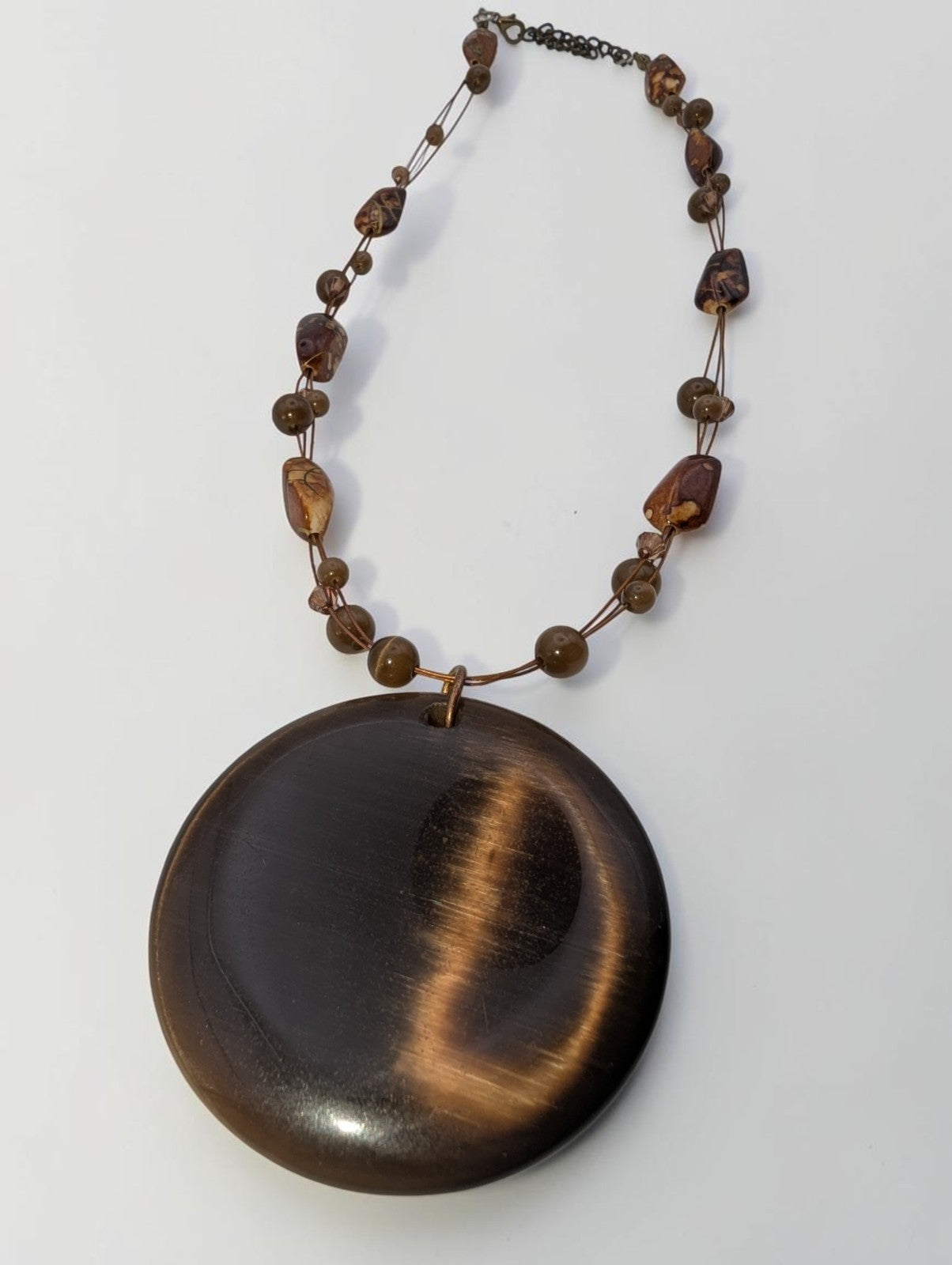 Polished Tiger's Eye Pendant Beaded Necklace, 14"