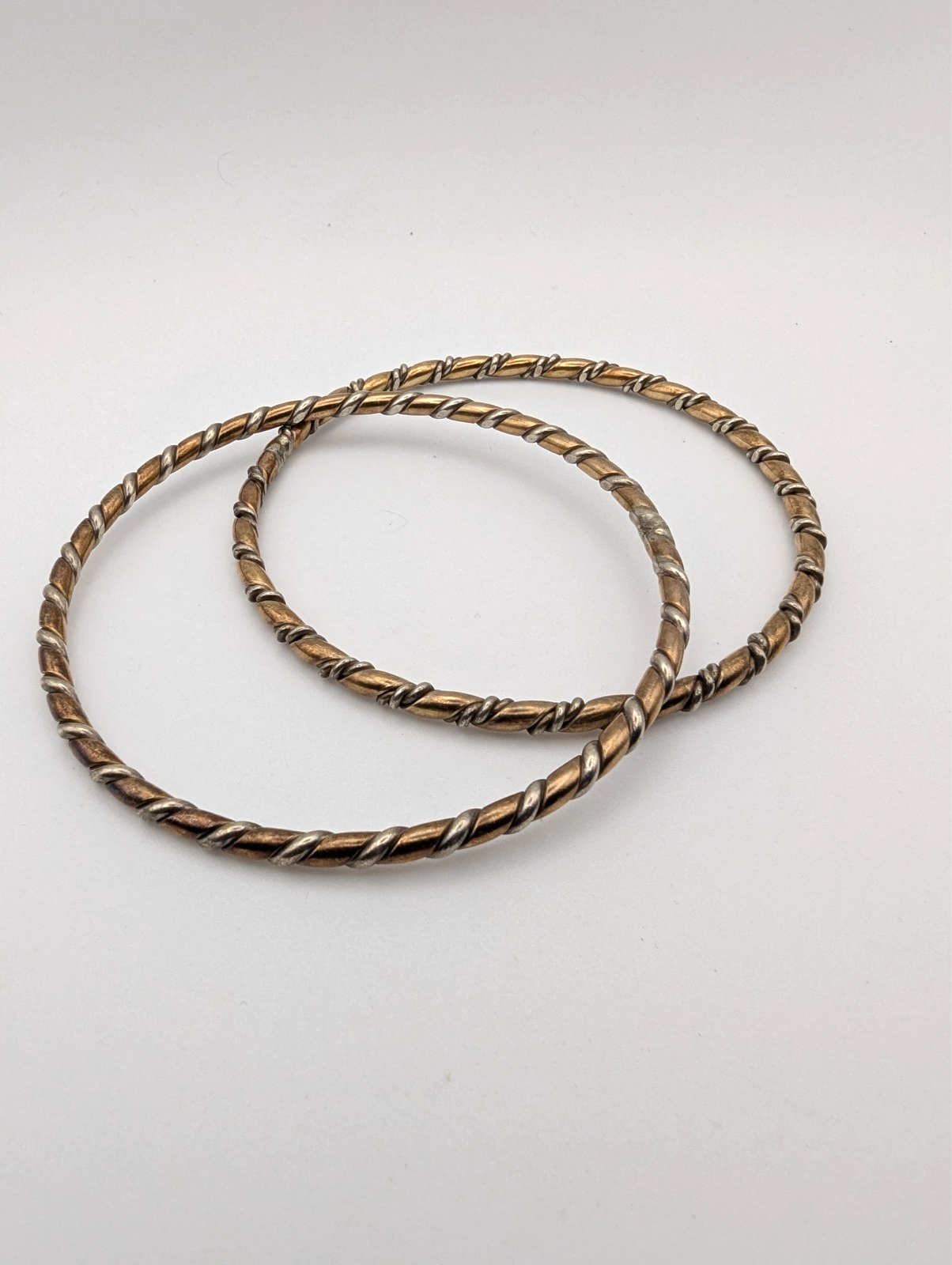 Set of 2 Vintage Twisted Copper and Silver Bangle Bracelets, Size 9