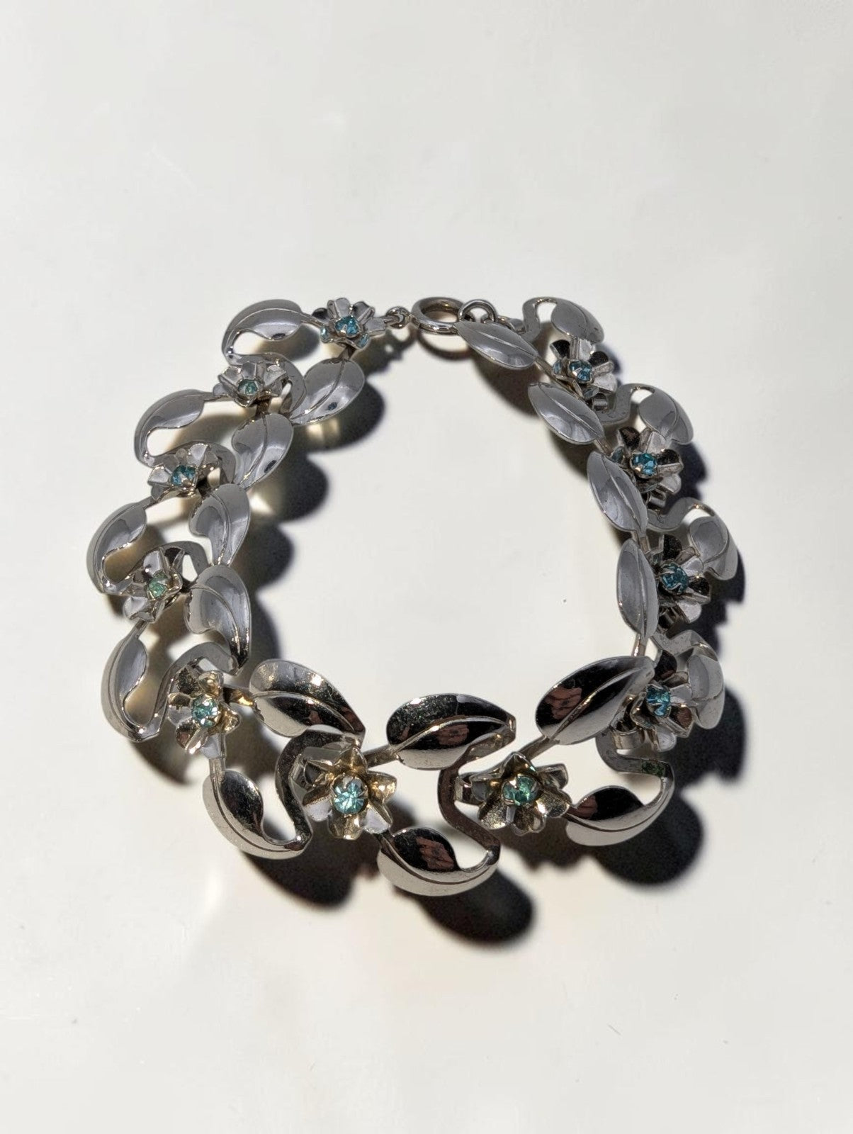 Vintage Silver Tone Floral and Leaf Bracelet, Pale Blue Rhinestones, 8"