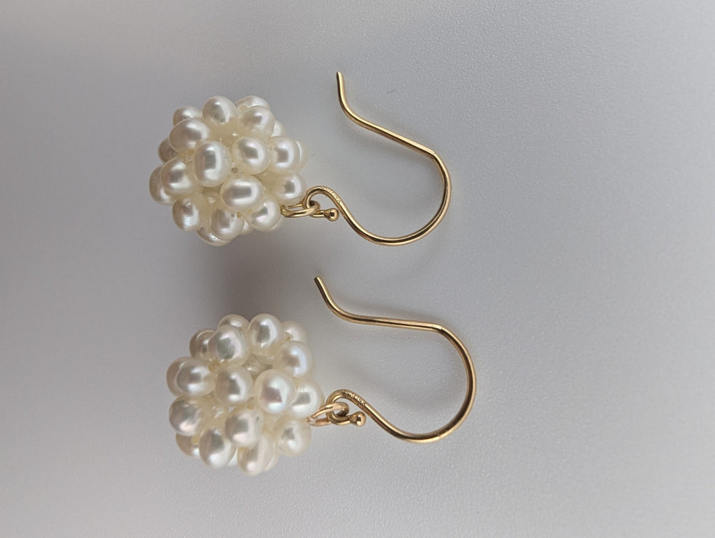 14K yellow gold white pearl cluster dangle earrings