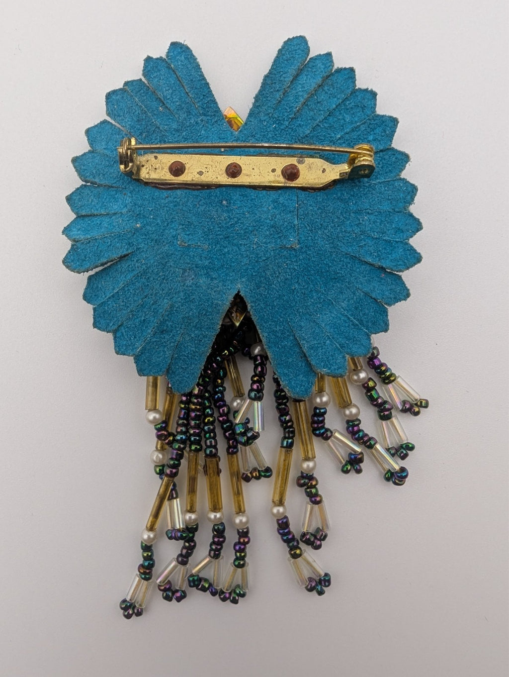 Handmade Brooch Teal Suede Leather, Paua Shell, Iridescent aurora borealis beads