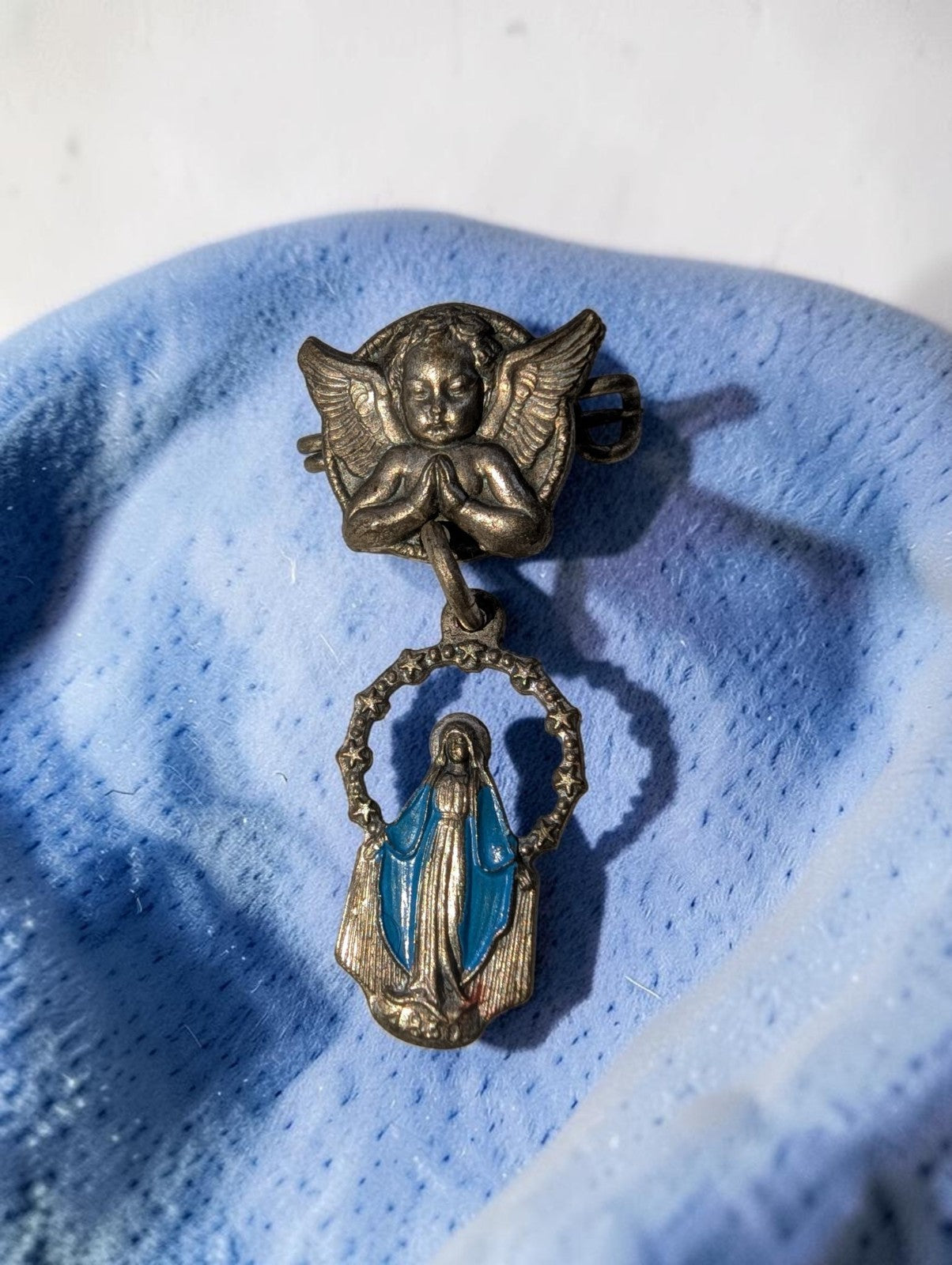 Vintage Religious Guardian Angel Pin with Dangling Miraculous Medal Virgin Mary