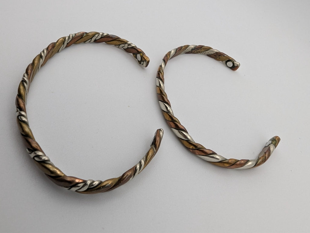 Set of 2 Sergio Lub Braided Cuff Bracelets Copper, Brass, Silver Mix Metal, 7.5"