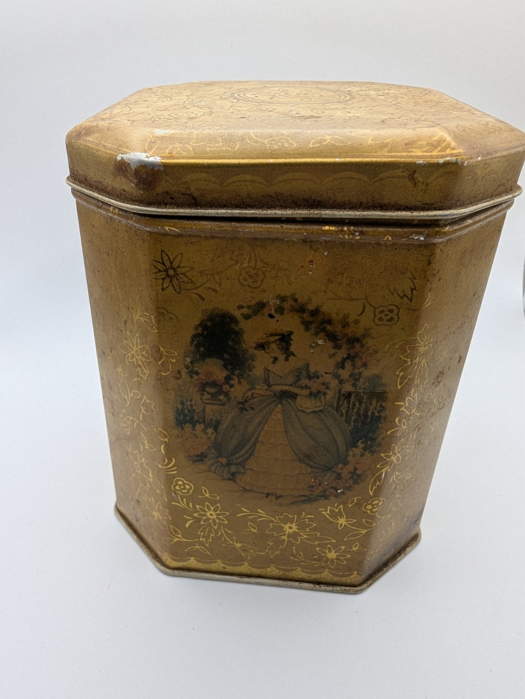 Vintage English Tea Caddy Tin, 4.5"x5"H