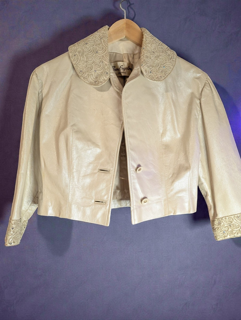 Vintage Women's Cream Leather Rosen Engelson Embroidered Crystal Jacket, Small