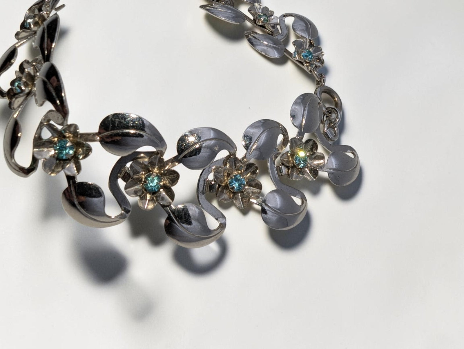 Vintage Silver Tone Floral and Leaf Bracelet, Pale Blue Rhinestones, 8"