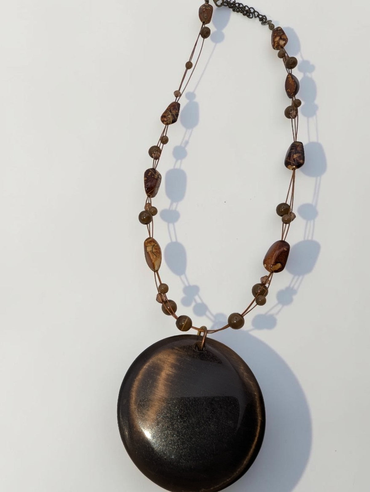 Polished Tiger's Eye Pendant Beaded Necklace, 14"
