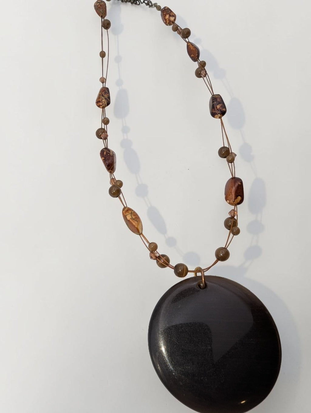 Polished Tiger's Eye Pendant Beaded Necklace, 14"