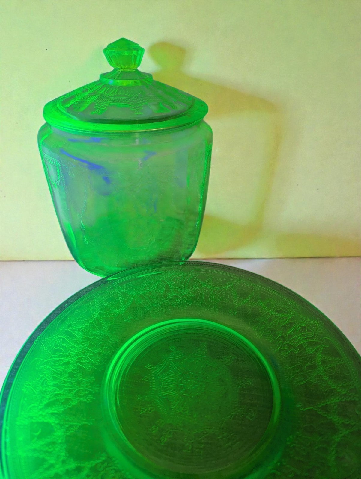 1920s-30s Uranium Green Glass Cookie Jar and (4) Plate Set