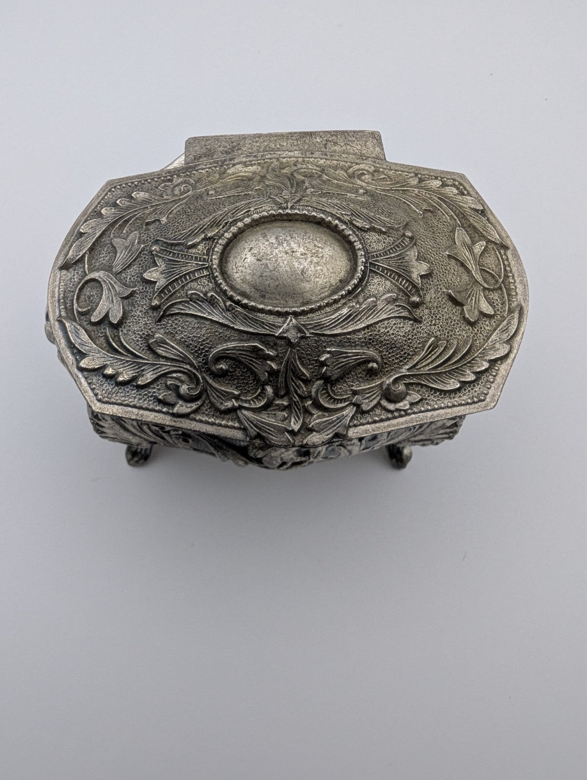 Vintage Metal Footed Jewelry Box Trinket Casket Blue Felt, 3.5"x2.5"