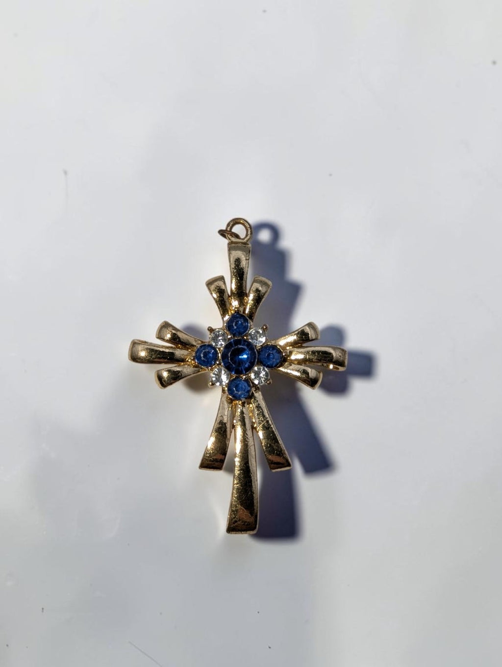 Vintage Gold Tone Cross Pendant, Blue and Clear Rhinestones