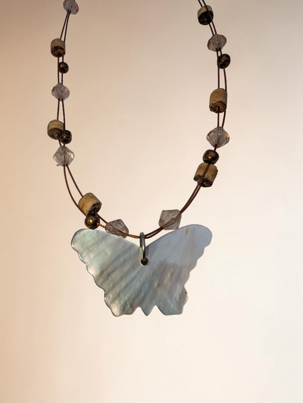 Irridescent Abalone Shell and Wood Bead Butterfly Necklace, 12"