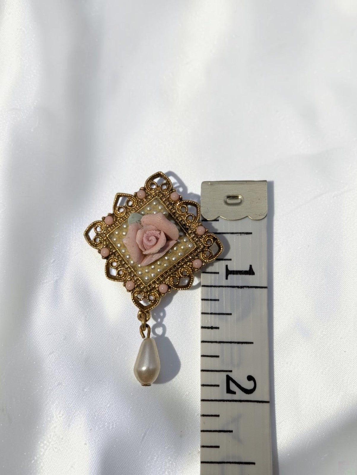 Vintage 1928 Jewelry Company Brooch, Pink Porcelain Rose and Faux Pearl