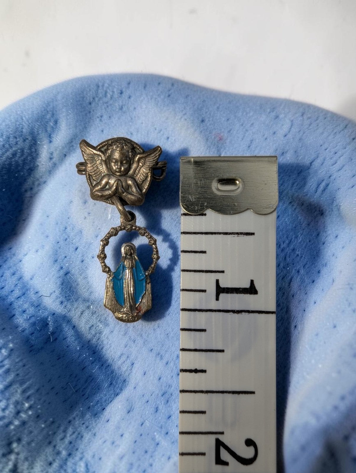 Vintage Religious Guardian Angel Pin with Dangling Miraculous Medal Virgin Mary