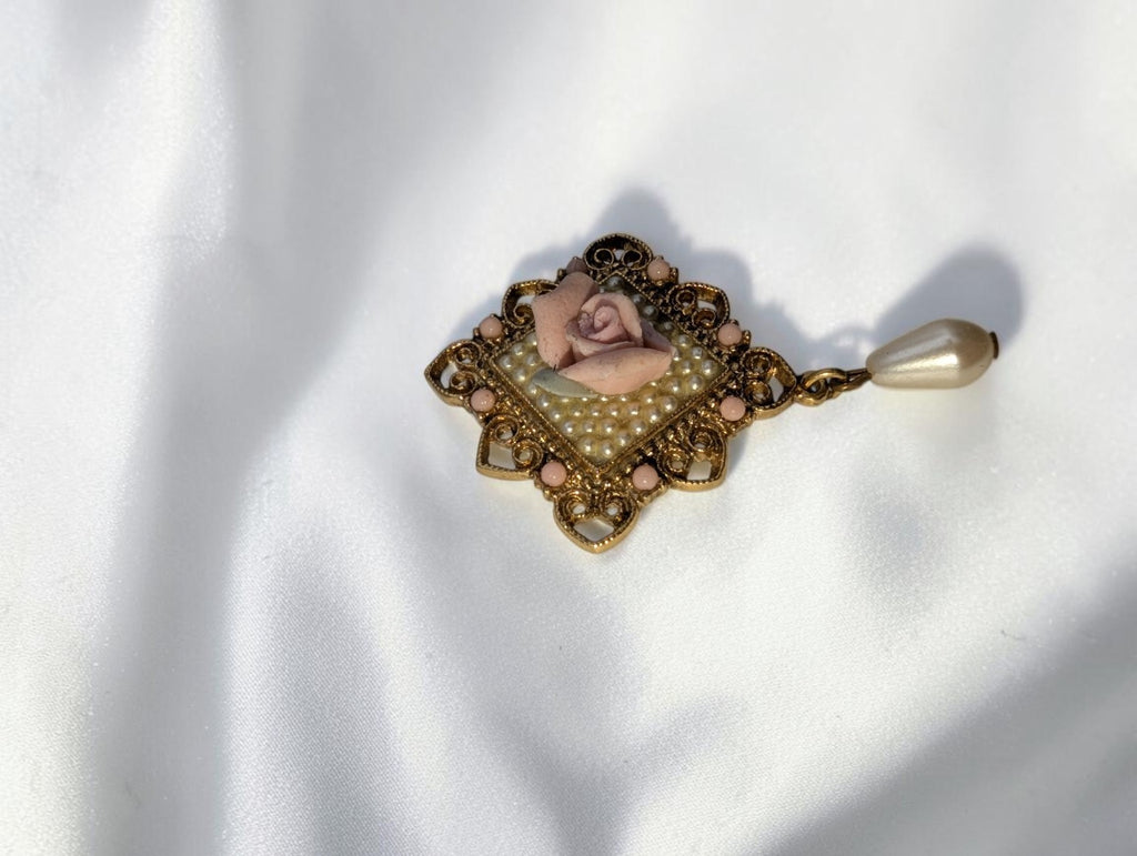 Vintage 1928 Jewelry Company Brooch, Pink Porcelain Rose and Faux Pearl