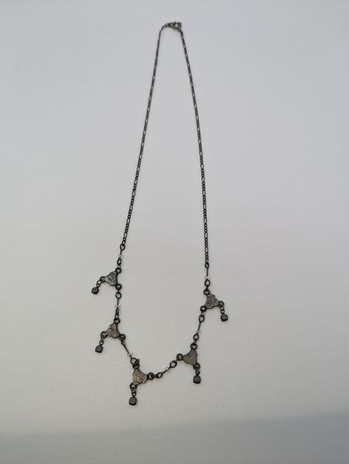 Antique Scrolled Victorian-Style Filigree Necklace Dangling Glass Gems, 16"