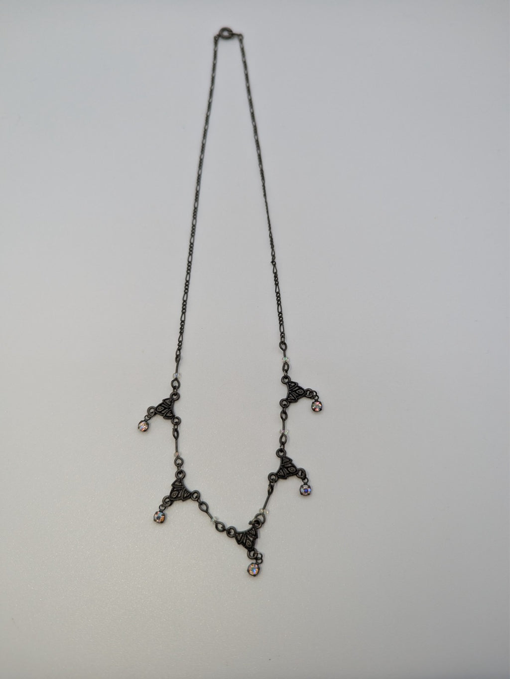 Antique Scrolled Victorian-Style Filigree Necklace Dangling Glass Gems, 16"