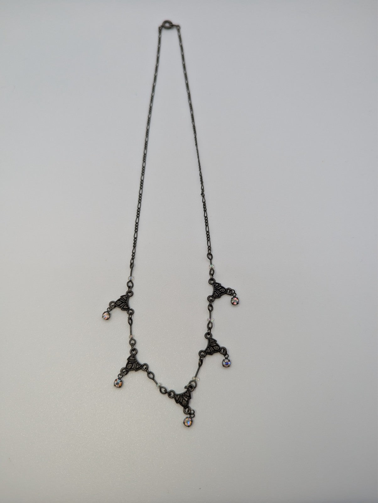 Antique Scrolled Victorian-Style Filigree Necklace Dangling Glass Gems, 16"