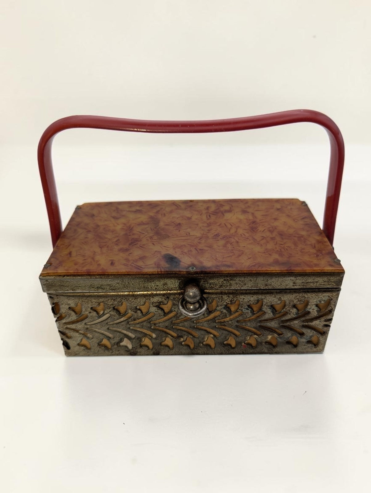 1950s Brass Filigree Box Purse, Amber Colored Plastic Lid