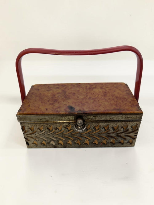 1950s Brass Filigree Box Purse, Amber Colored Plastic Lid