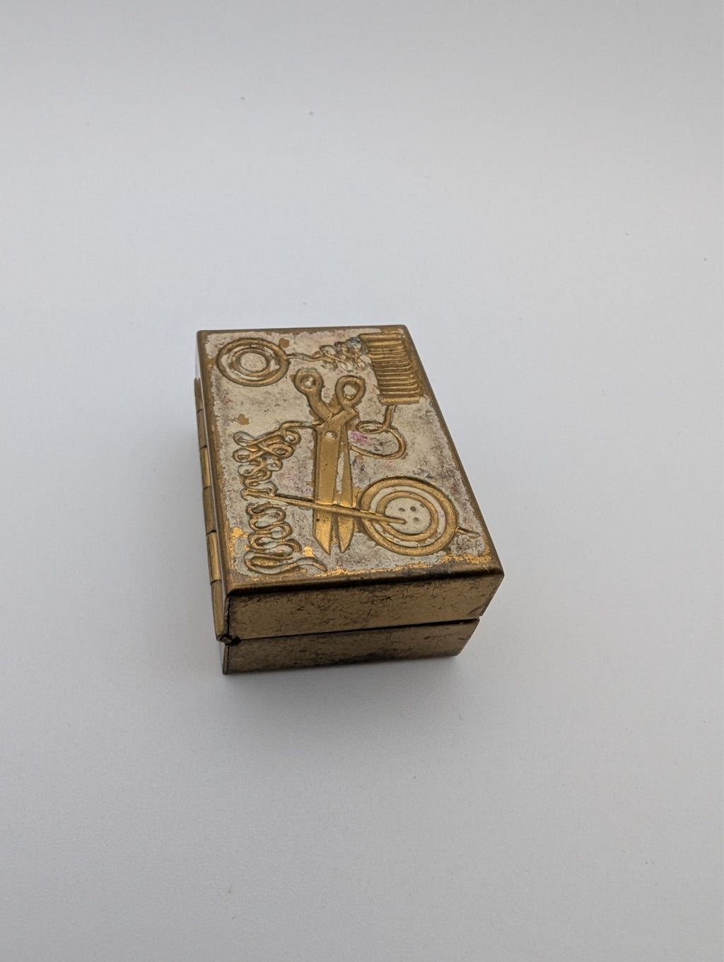 Vintage Sewing Theme Trinket Pill Box Gold Tone, 1.5"x1"