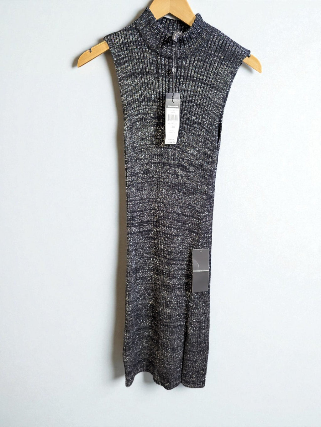 NWT BCBG Max Azria Black Metallic Knee Length Knit Sleeveless Dress, Size XXS
