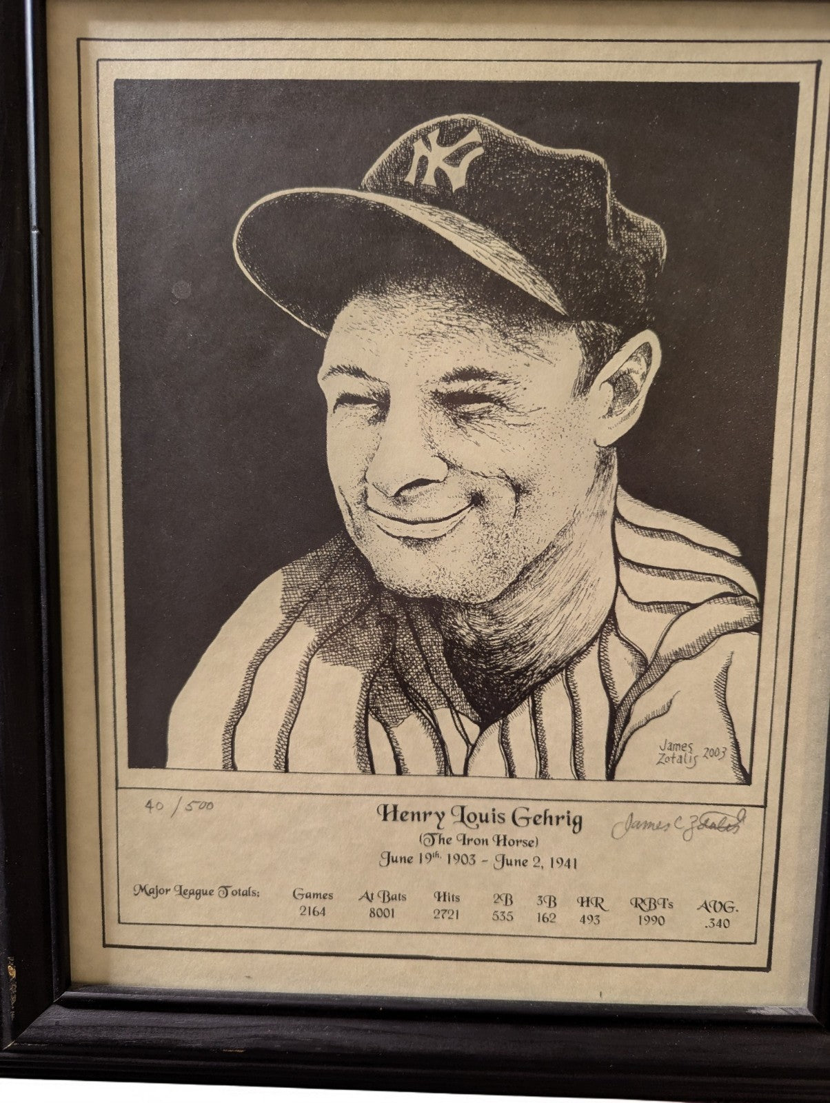 Lou Gehrig Limited Edition #40/500 Print by James Zotalis, Signed Artist