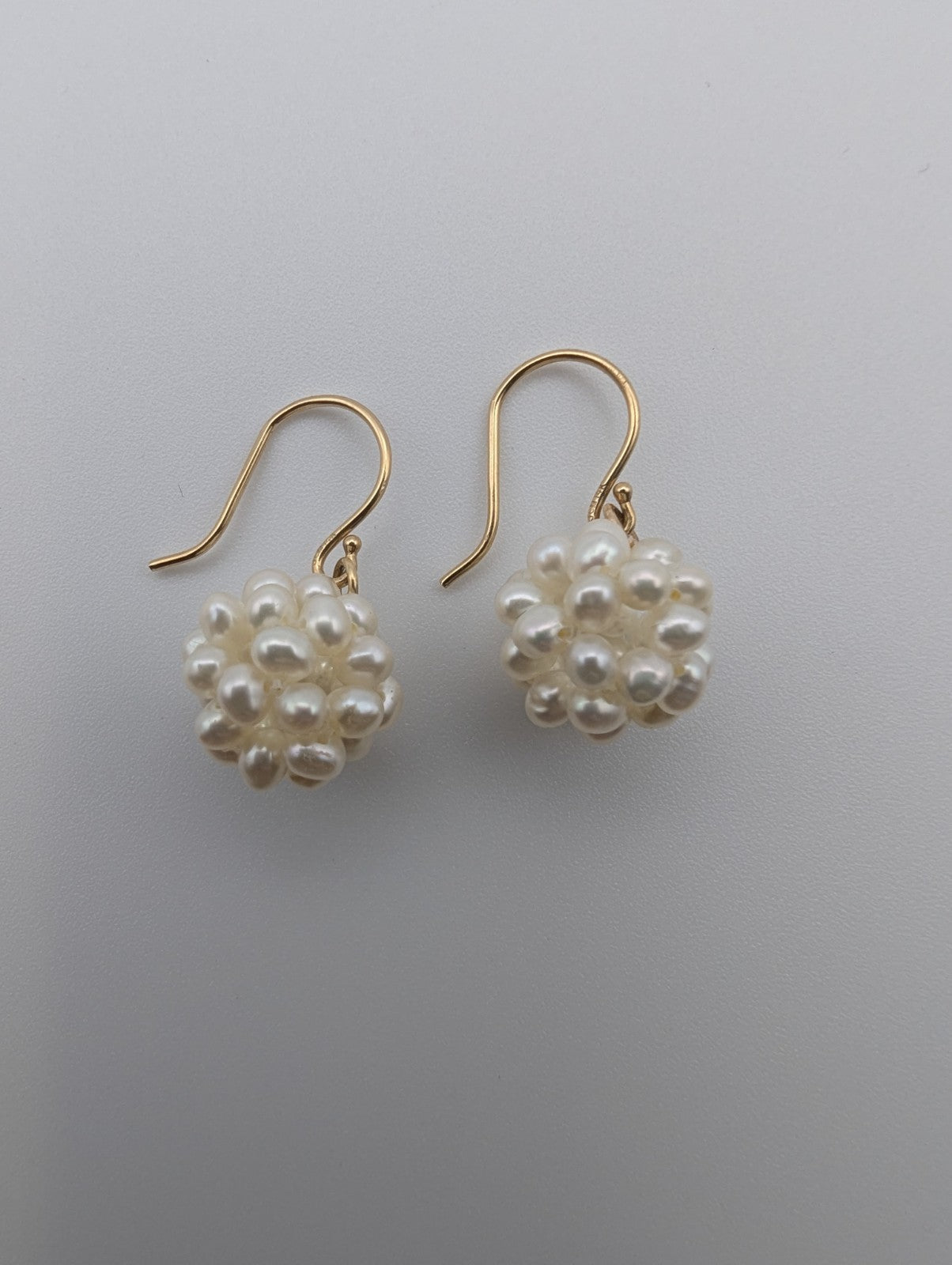 14K yellow gold white pearl cluster dangle earrings