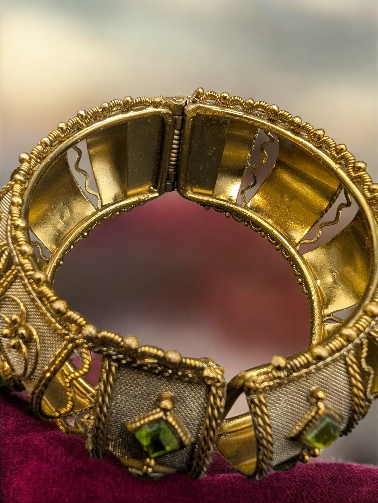 Vintage Gypsy Gold Mesh Bangle Bracelet, Green Gemstones
