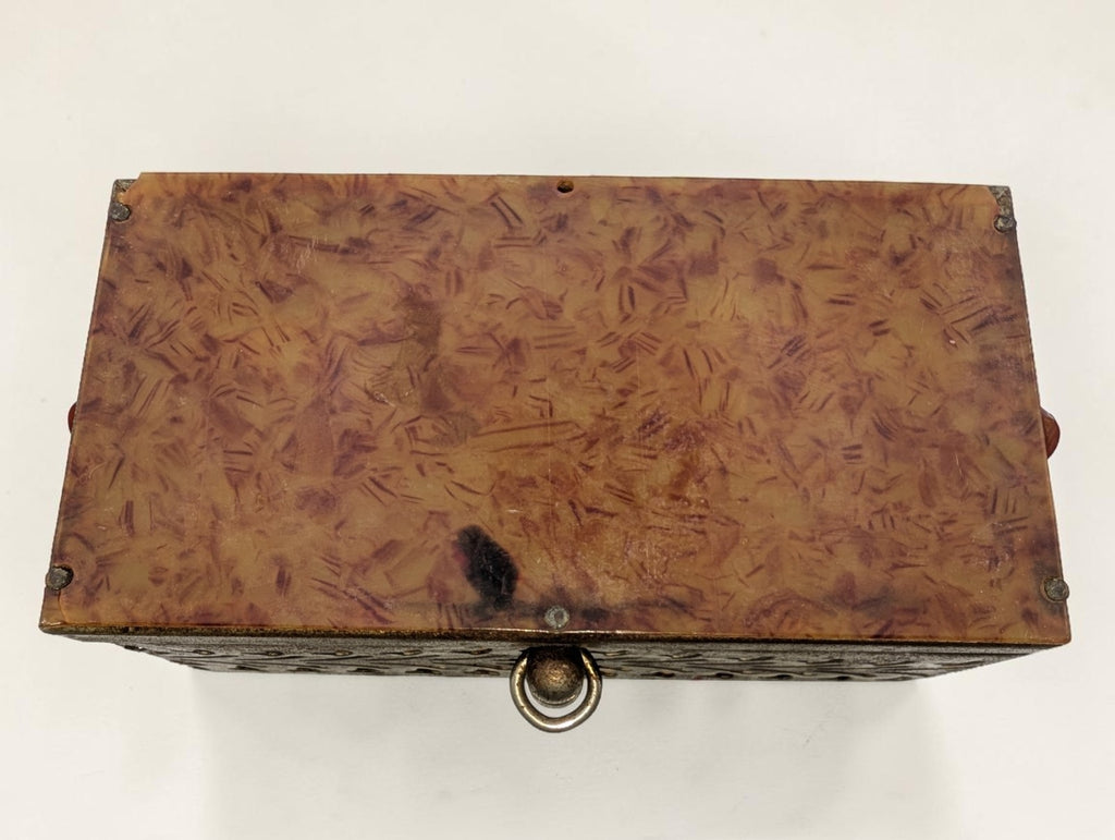 1950s Brass Filigree Box Purse, Amber Colored Plastic Lid