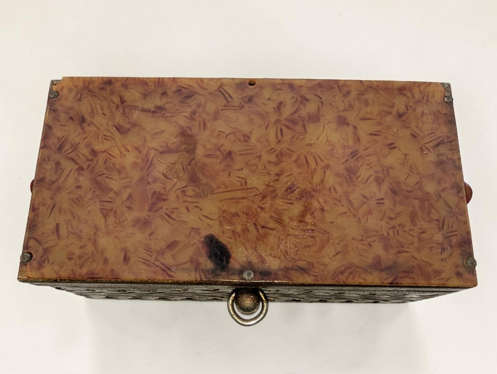 1950s Brass Filigree Box Purse, Amber Colored Plastic Lid