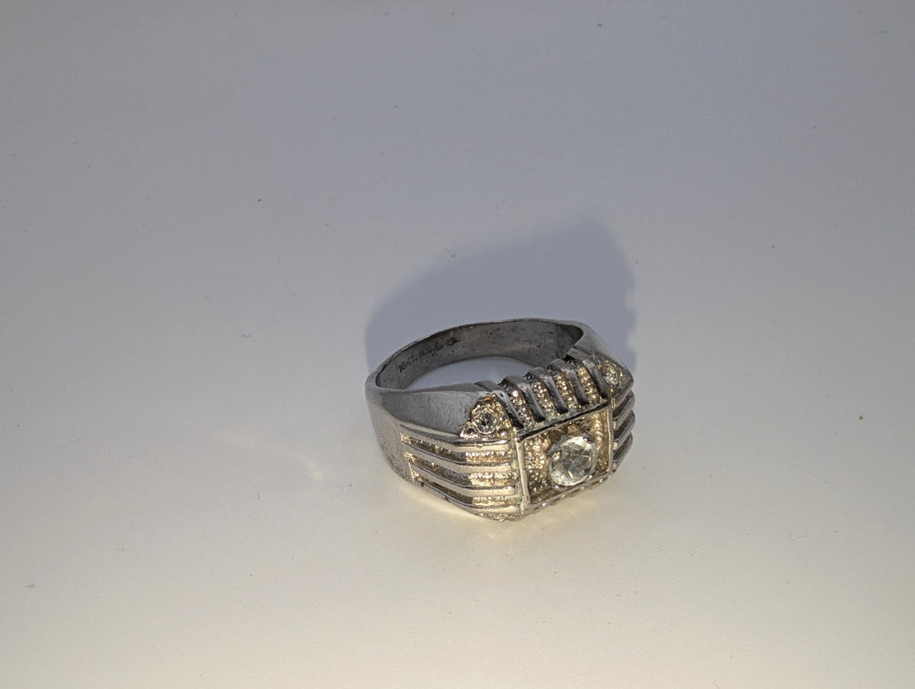 Vintage Mid-Century Ribbed18kt HGE White Gold CZ Men's Ring, Size 13