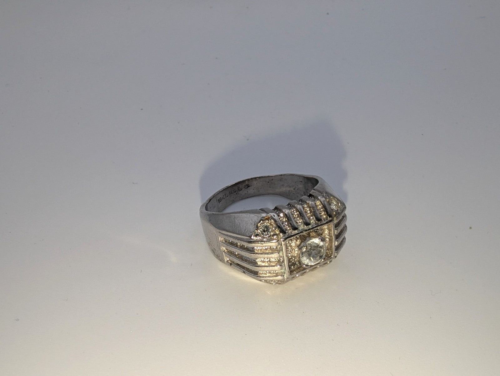 Vintage Mid-Century Ribbed18kt HGE White Gold CZ Men's Ring, Size 13