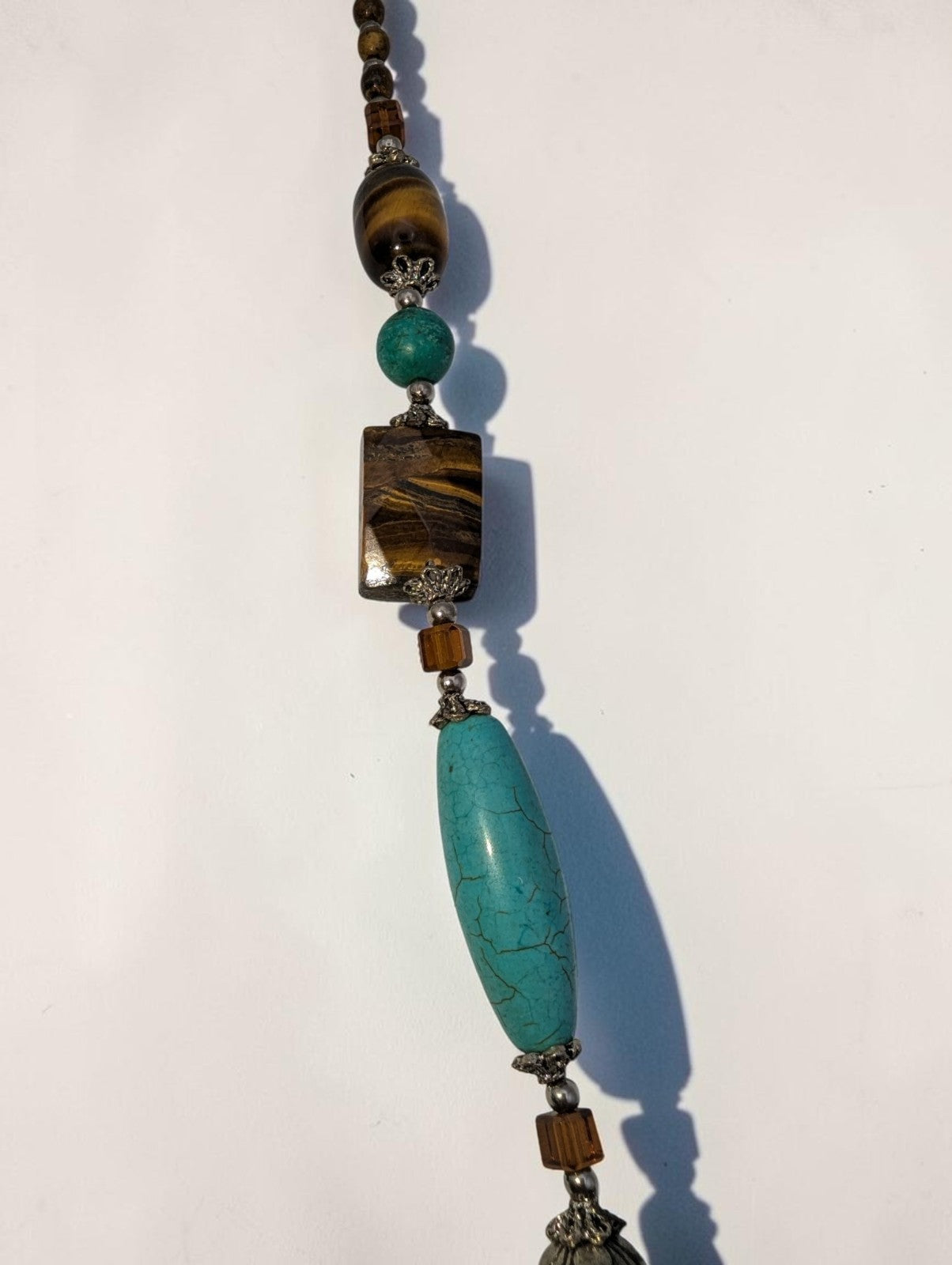 Vintage Tiger's Eye and Turquise Statement Necklace with Silver-Toned Beads, 18"