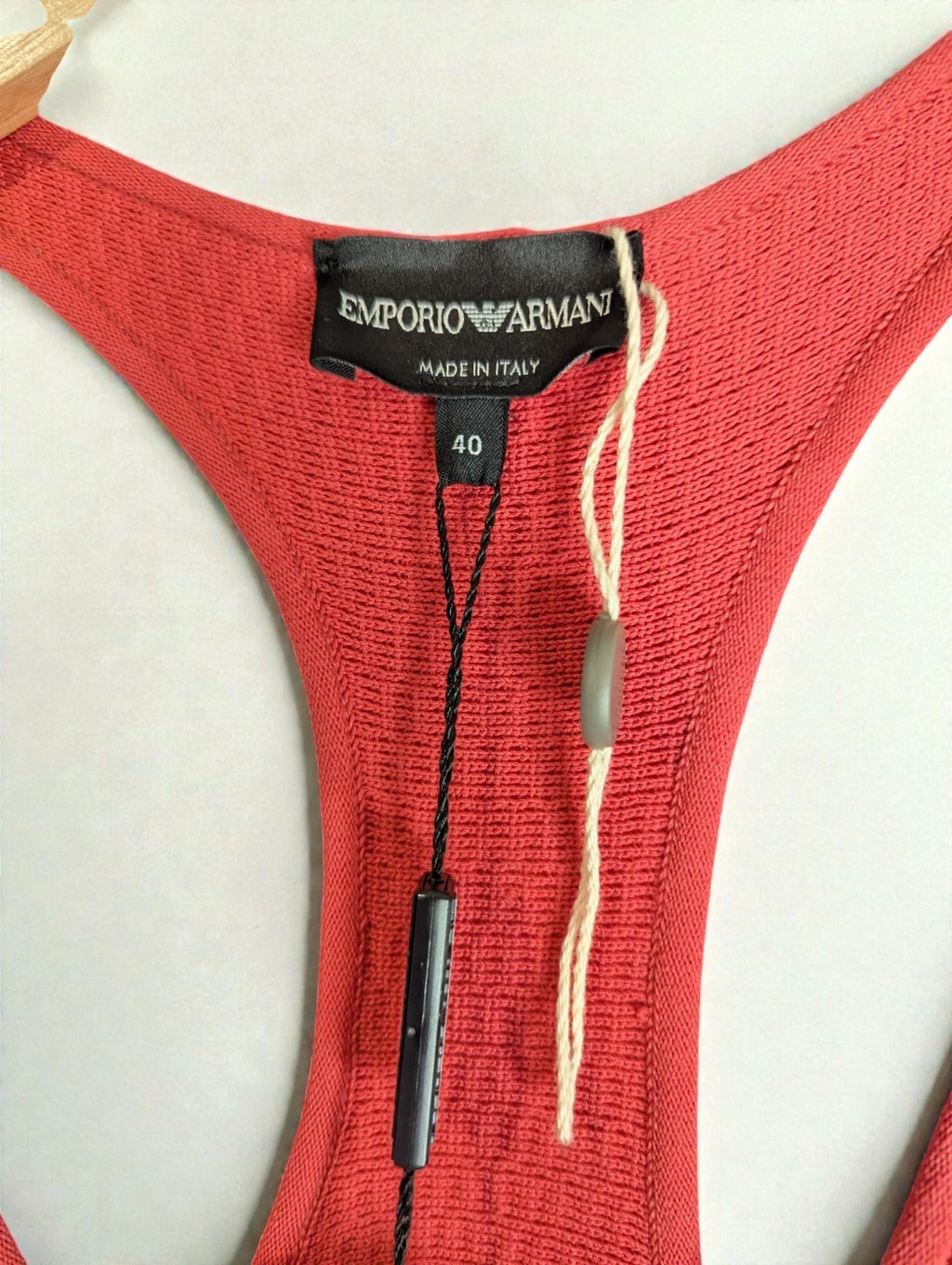 Emporio Armani Red Coral Stretch Knit Racer Back Flare Mini Dress, 40