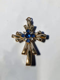 Vintage Gold Tone Cross Pendant, Blue and Clear Rhinestones