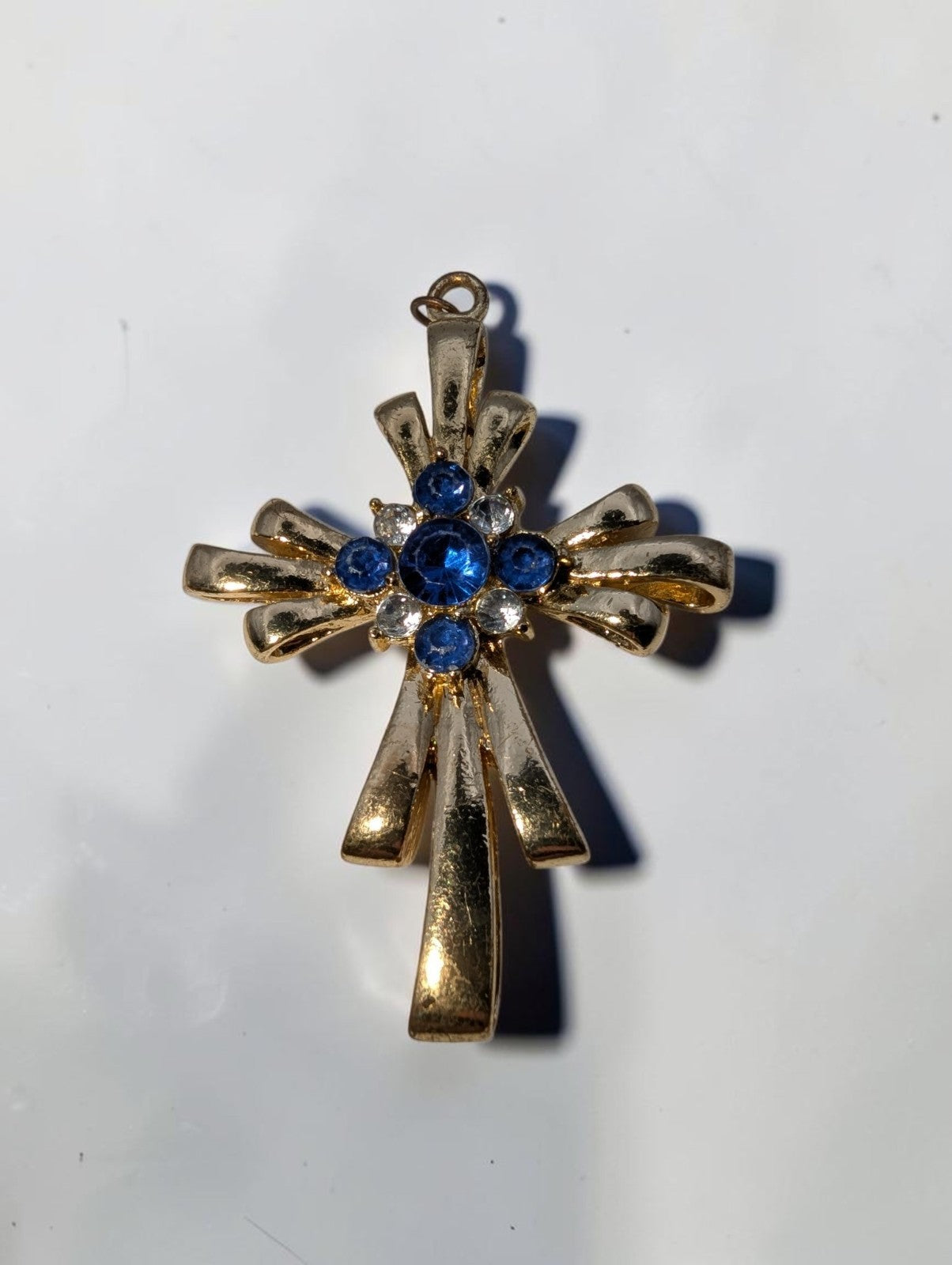 Vintage Gold Tone Cross Pendant, Blue and Clear Rhinestones