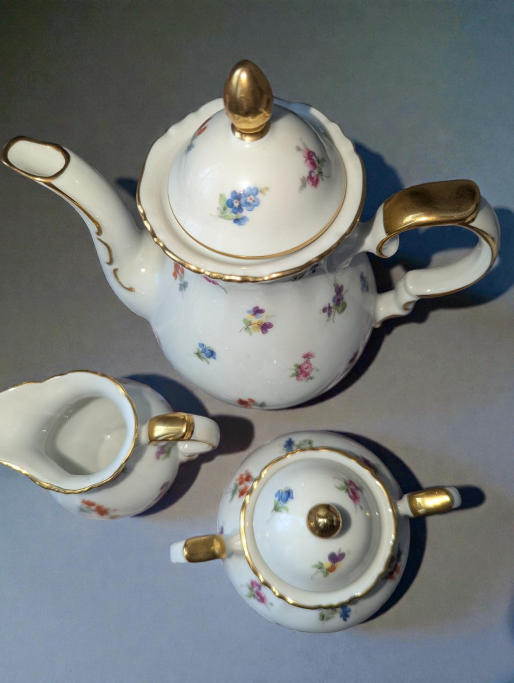 Vintage 22K Gold Bayreuth Gloria Fine Porcelain Coffee Set-Pot, Sugar, Creamer